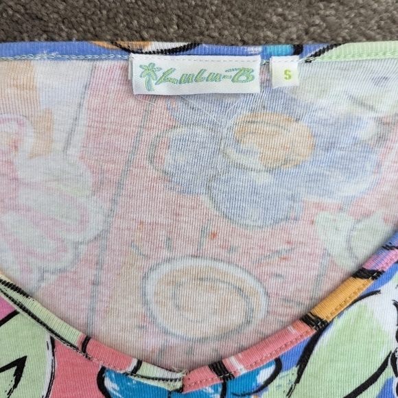 LULU-B floral bird print sequin cotton multicolor Tshirt batwing size Small - Picture 6 of 11